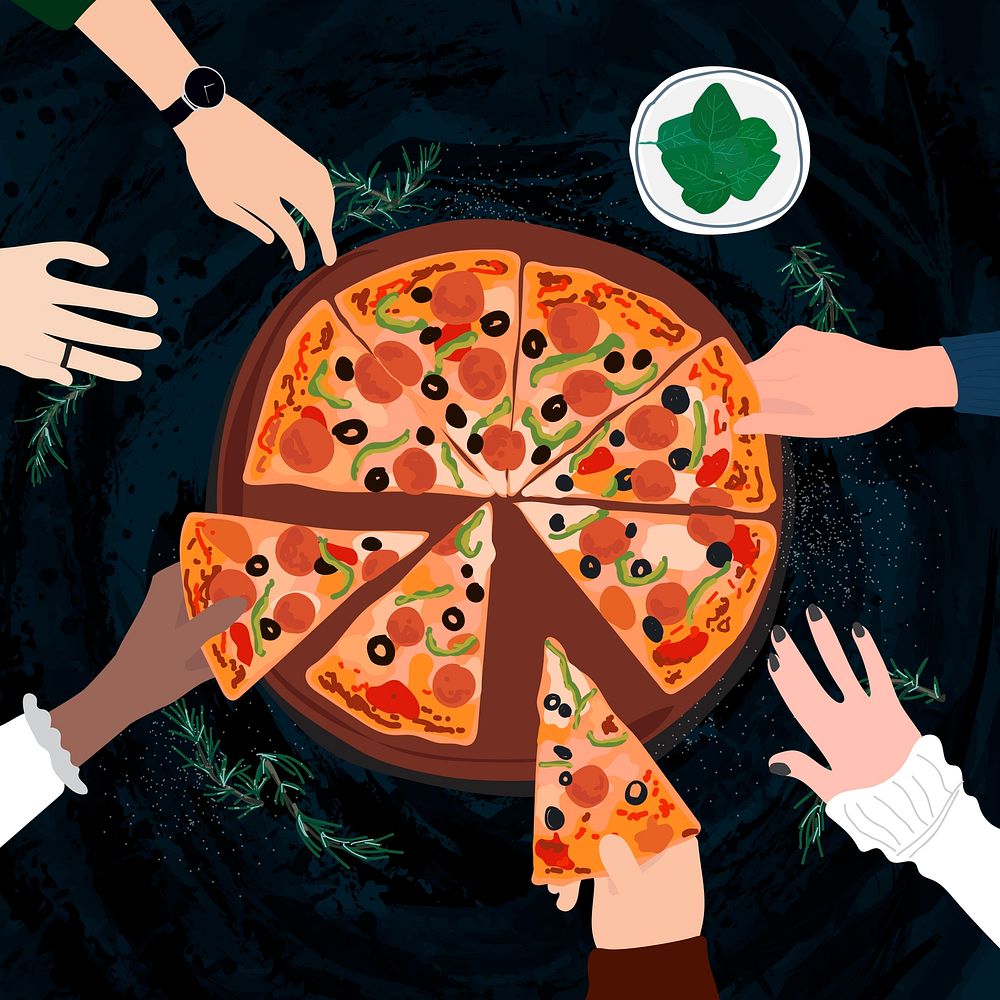 Friends hangout pizza table, aesthetic illustration