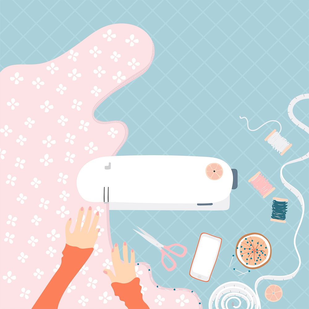 Woman using sewing machine, aesthetic illustration