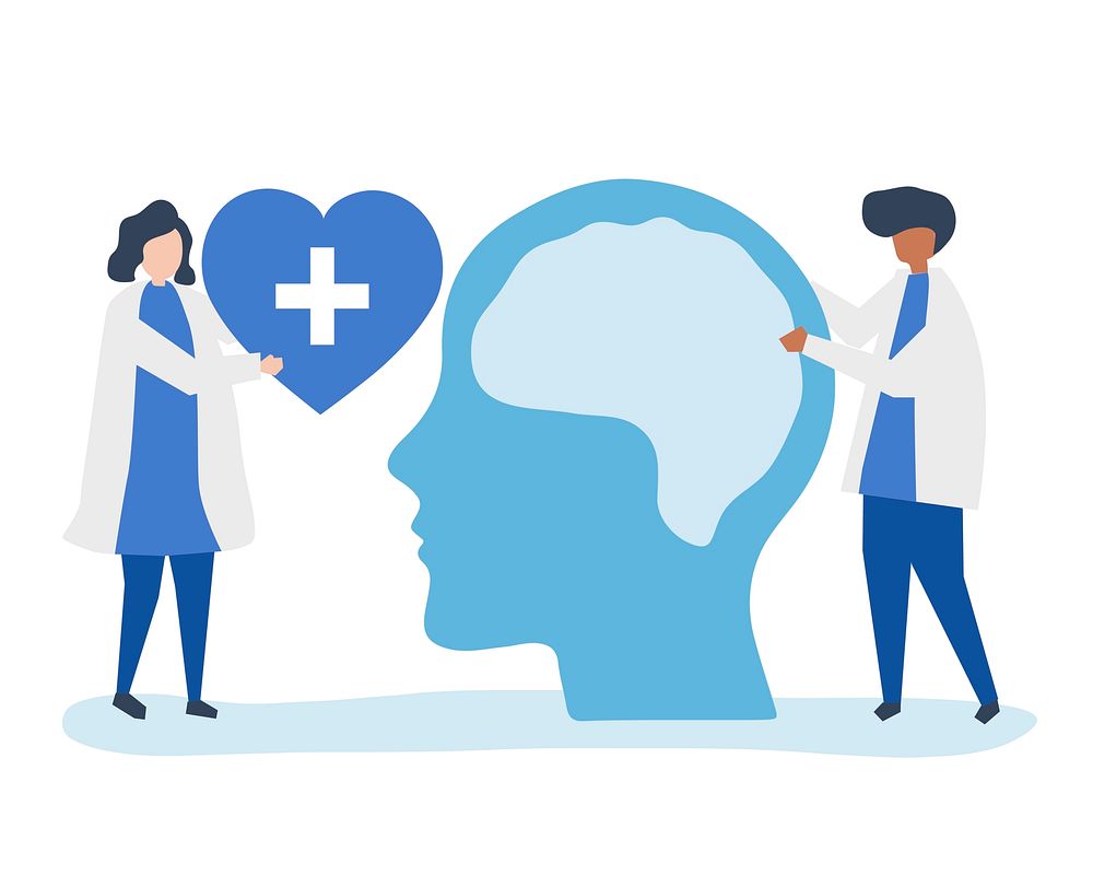 Neuroscientists with human brain, healthcare illustration