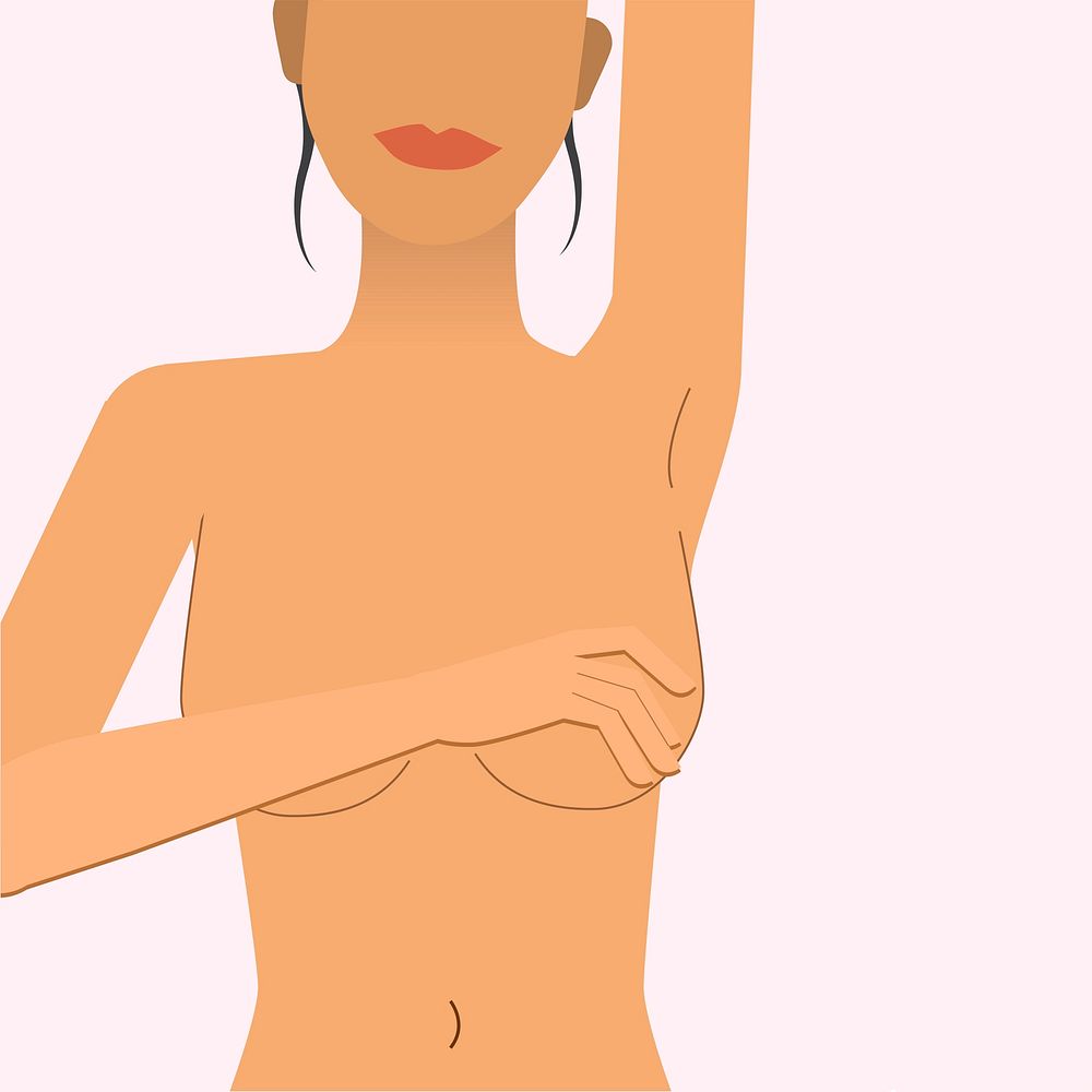 Woman checking her breasts, cancer awareness illustration