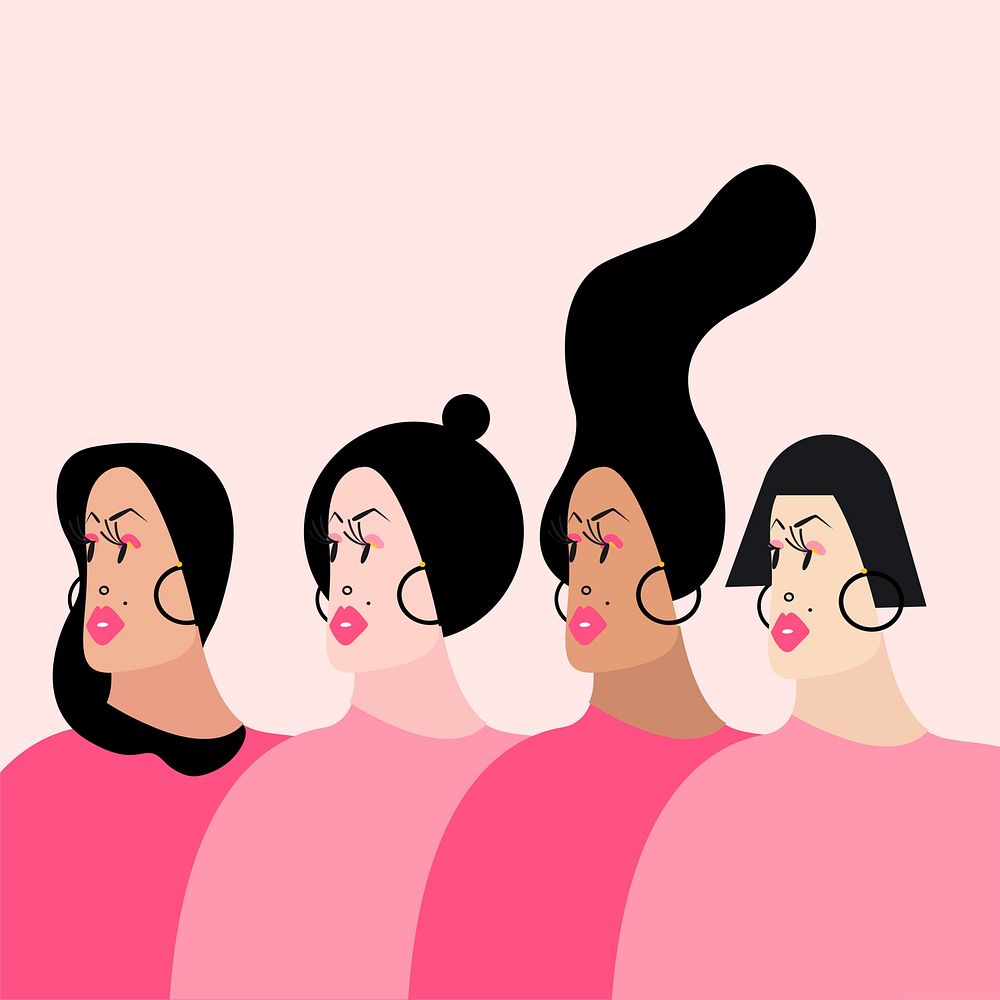 Diverse women wearing pink, breast cancer awareness illustration