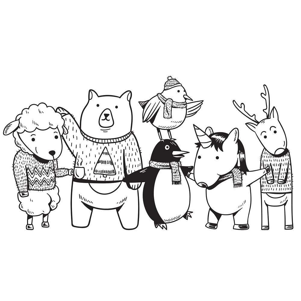 Animals enjoying Christmas holiday, cute illustration