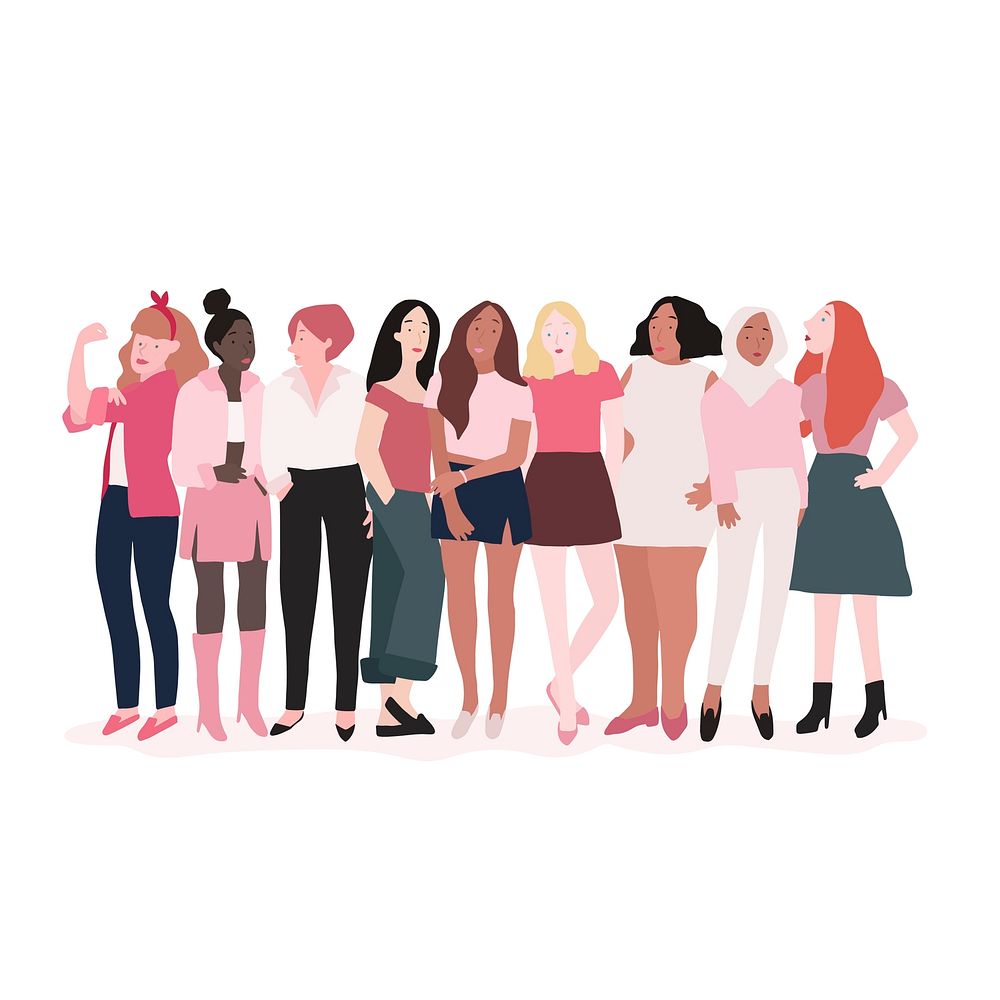 Group of diverse women in pink illustration