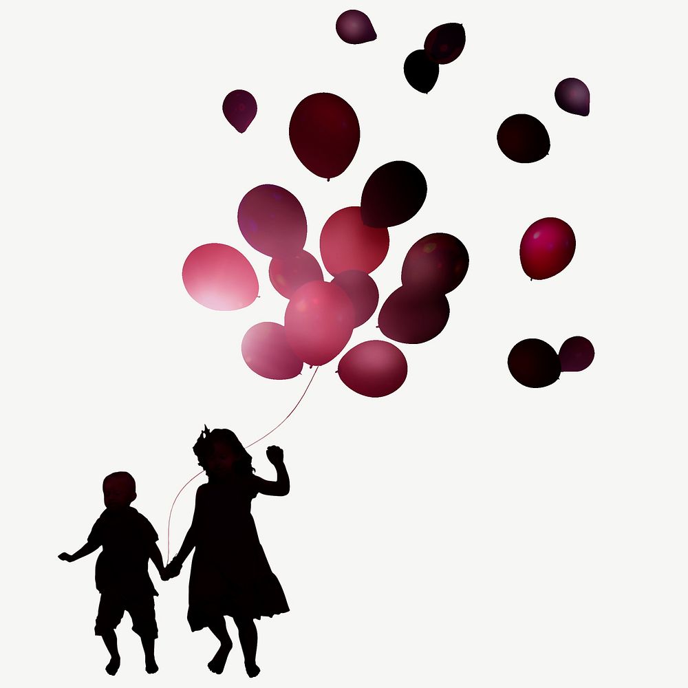 Children holding balloons silhouette collage element psd