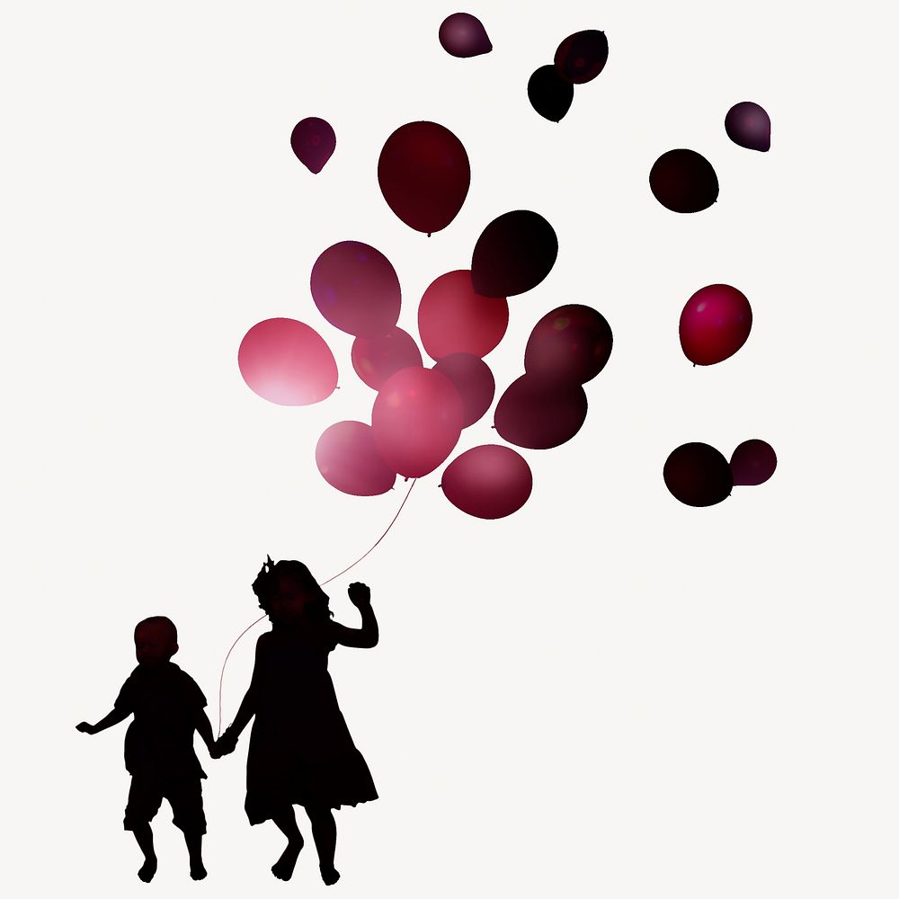 Children holding balloons silhouette isolated graphic