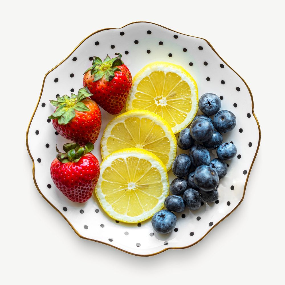 Mix fruits plate collage element, food isolated image psd