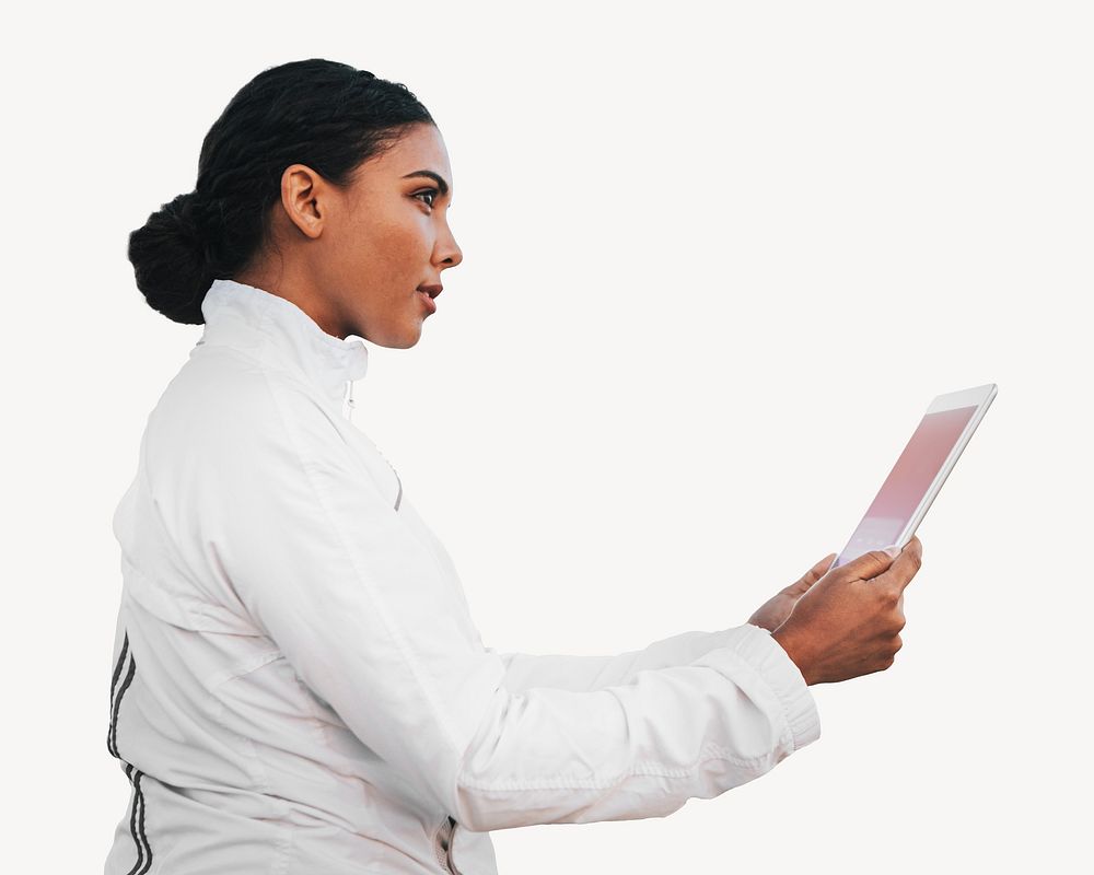 Businesswoman holding tablet isolated image