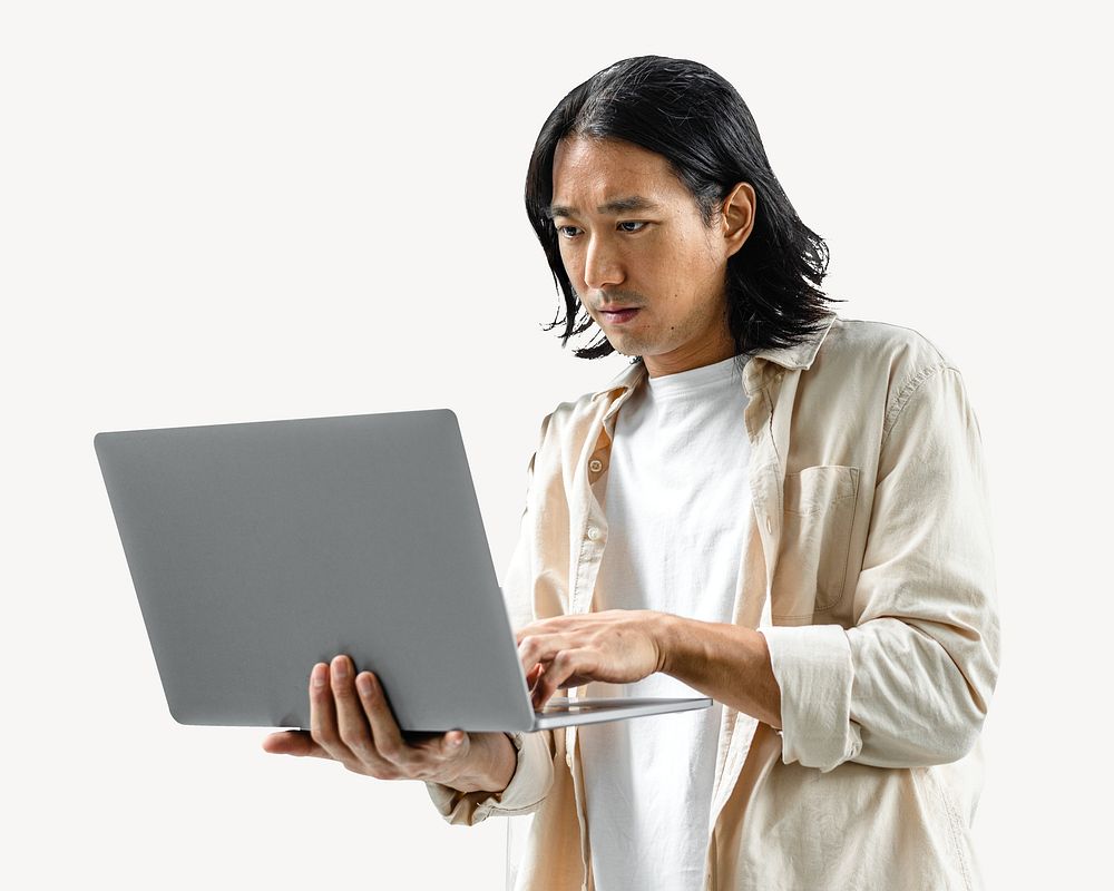 Asian man using laptop isolated image