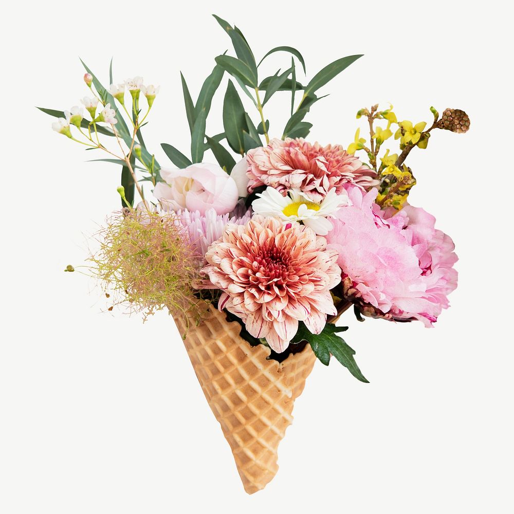 Flowers in ice cream cone collage element psd