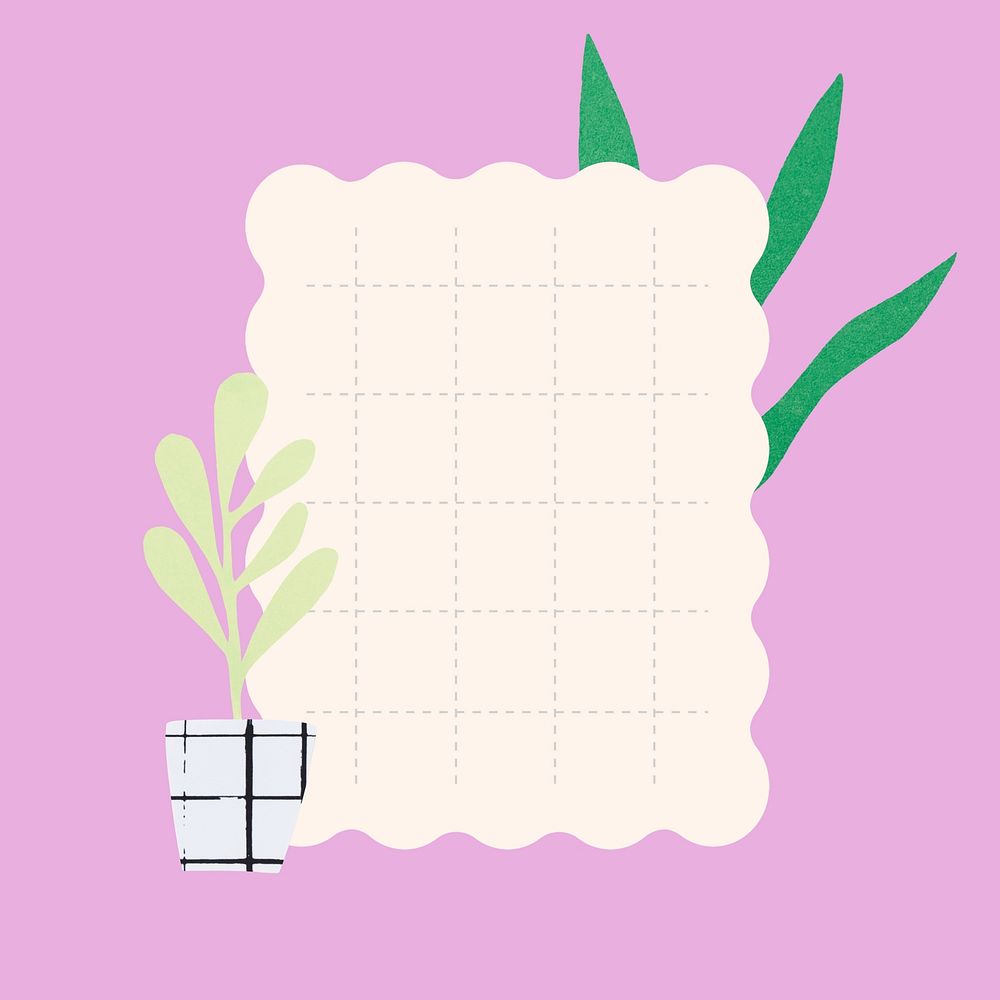 Simple grid paper note, cute plant doodle on pink background