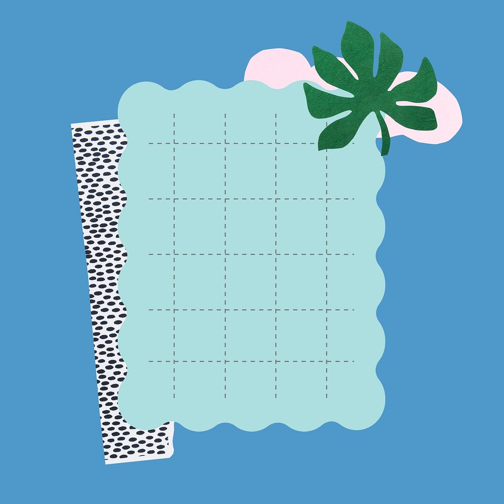 Blue grid paper note, cute plant doodle on simple background