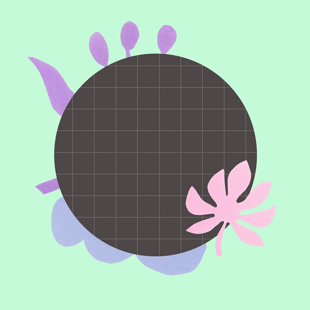 Black grid paper note, cute plant doodles on pastel green background