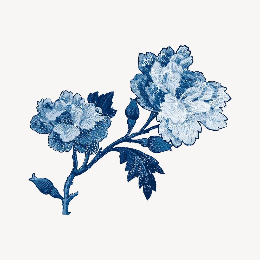 Vintage peony flower branch, blue, monochromatic psd