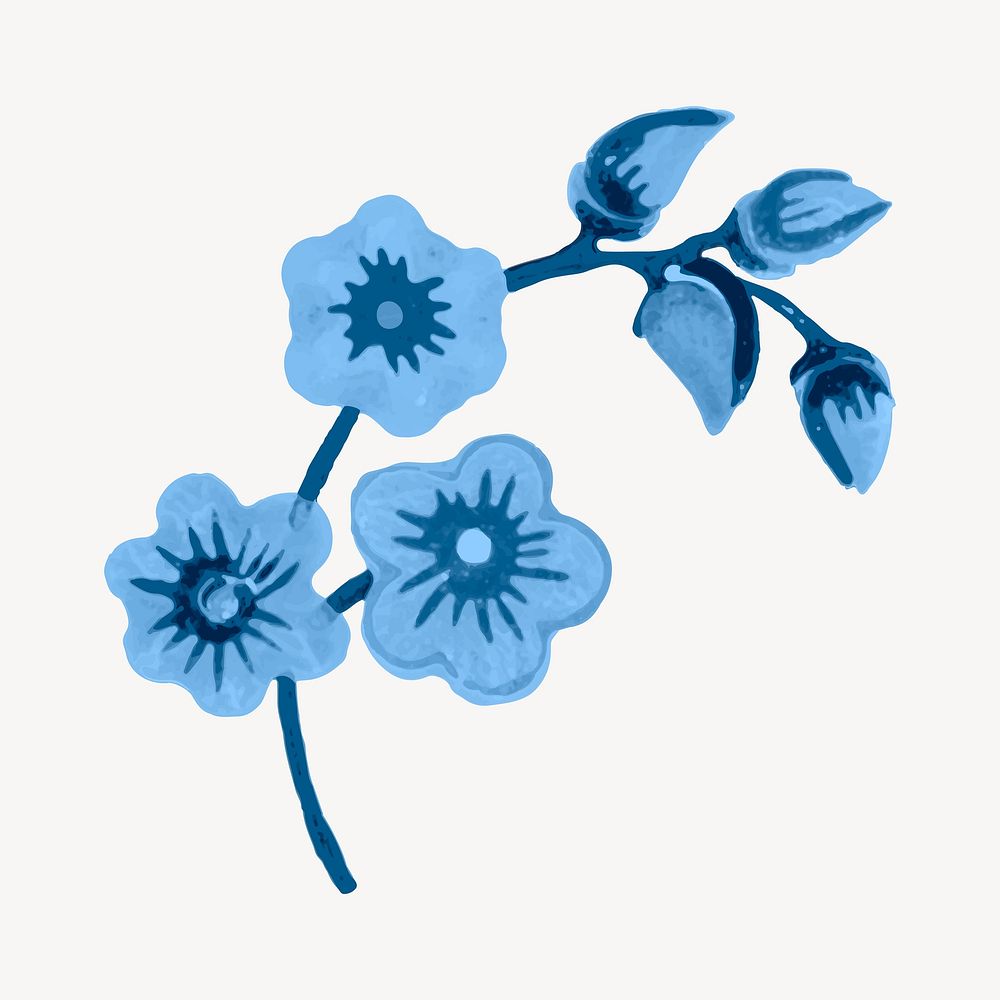 Vintage watercolor peony flower vector, blue, monochromatic