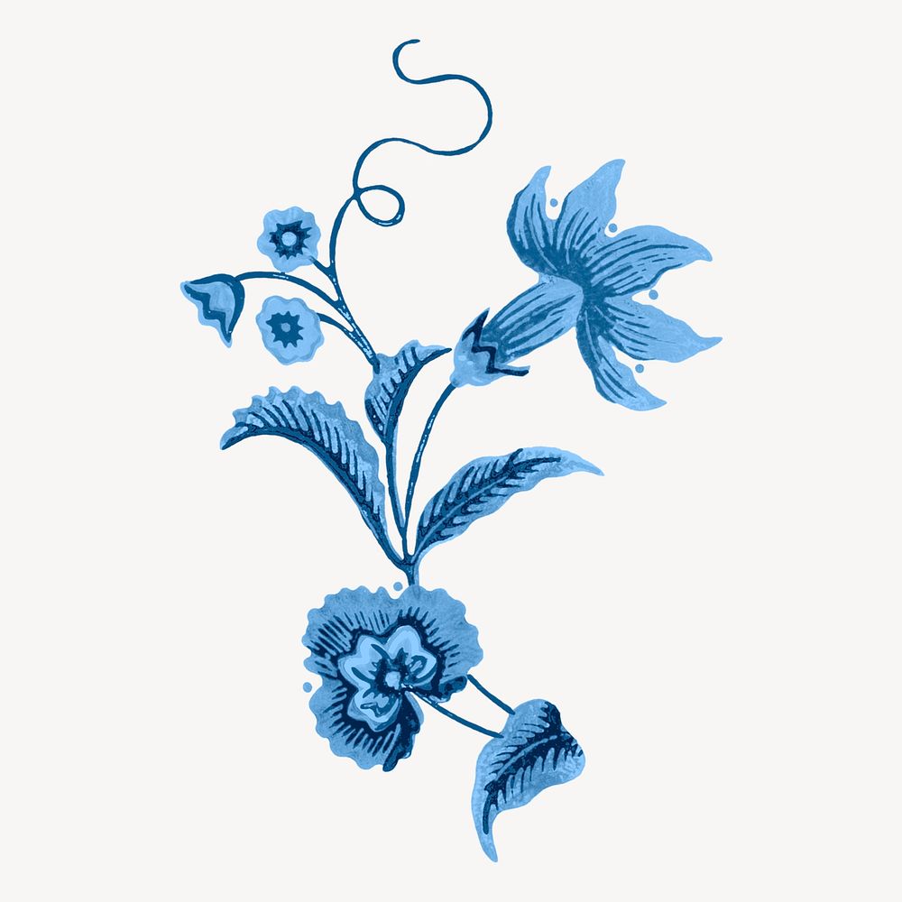 Vintage decorative peony painting, blue, monochromatic psd