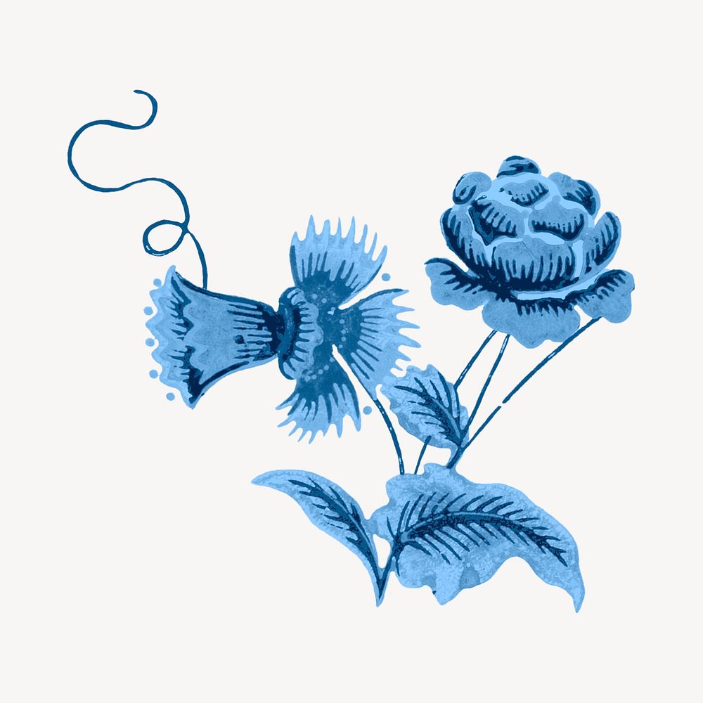 Vintage decorative peony painting, blue, monochromatic psd