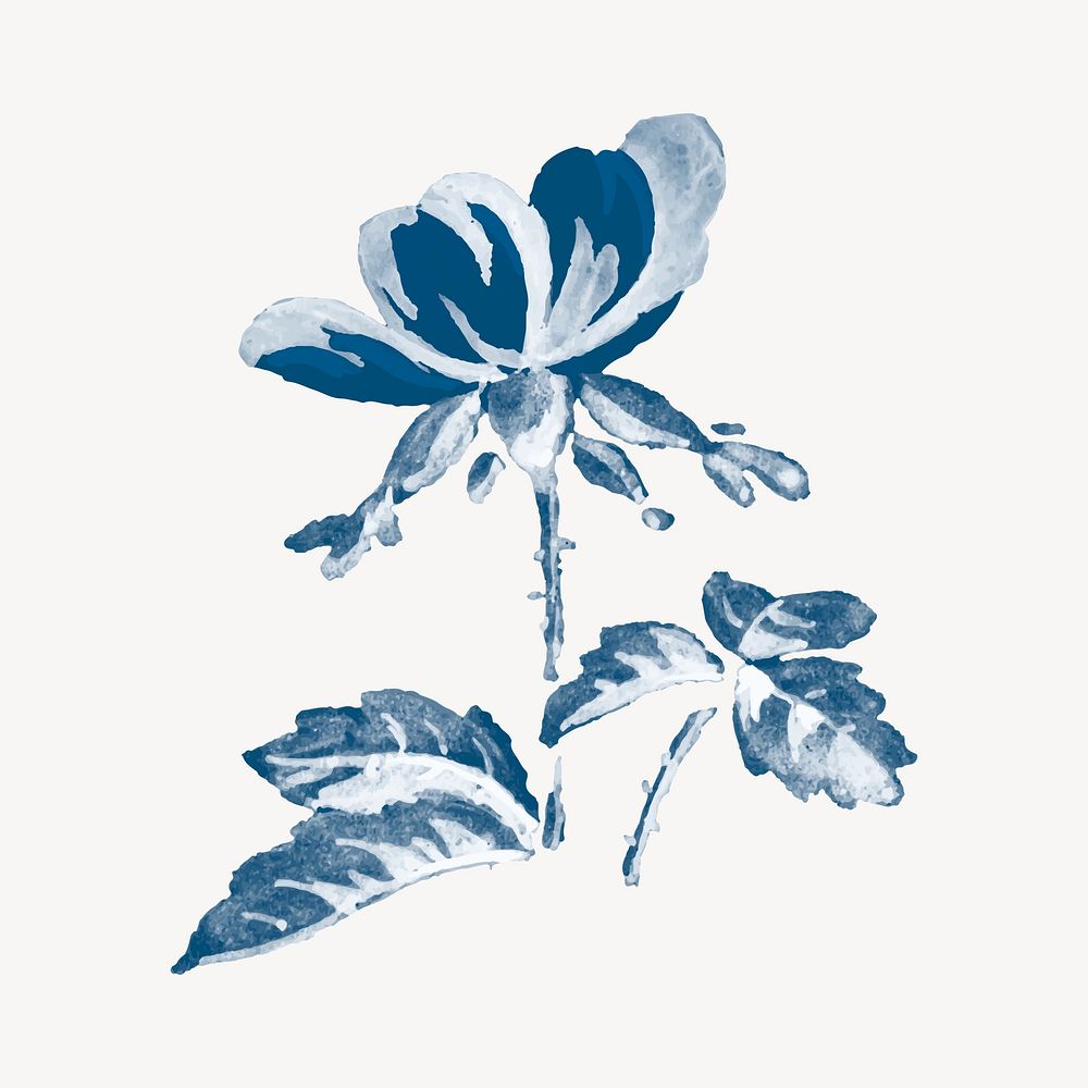 Vintage peony flower watercolor vector, blue, monochromatic