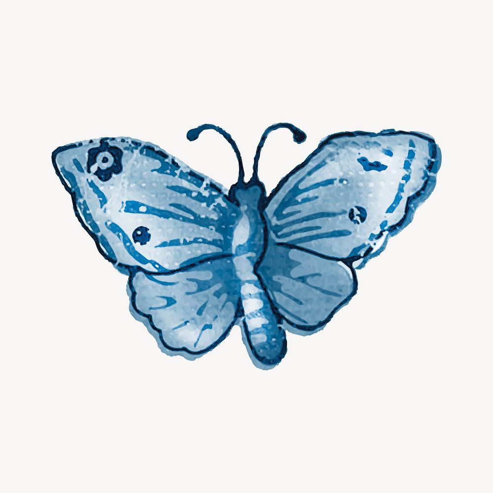 Vintage butterfly watercolor vector, blue, monochromatic
