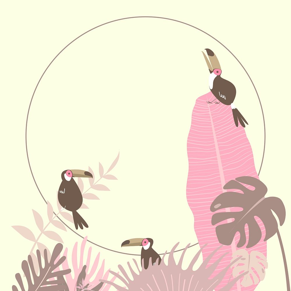 Pink tropical bird circle frame, yellow design