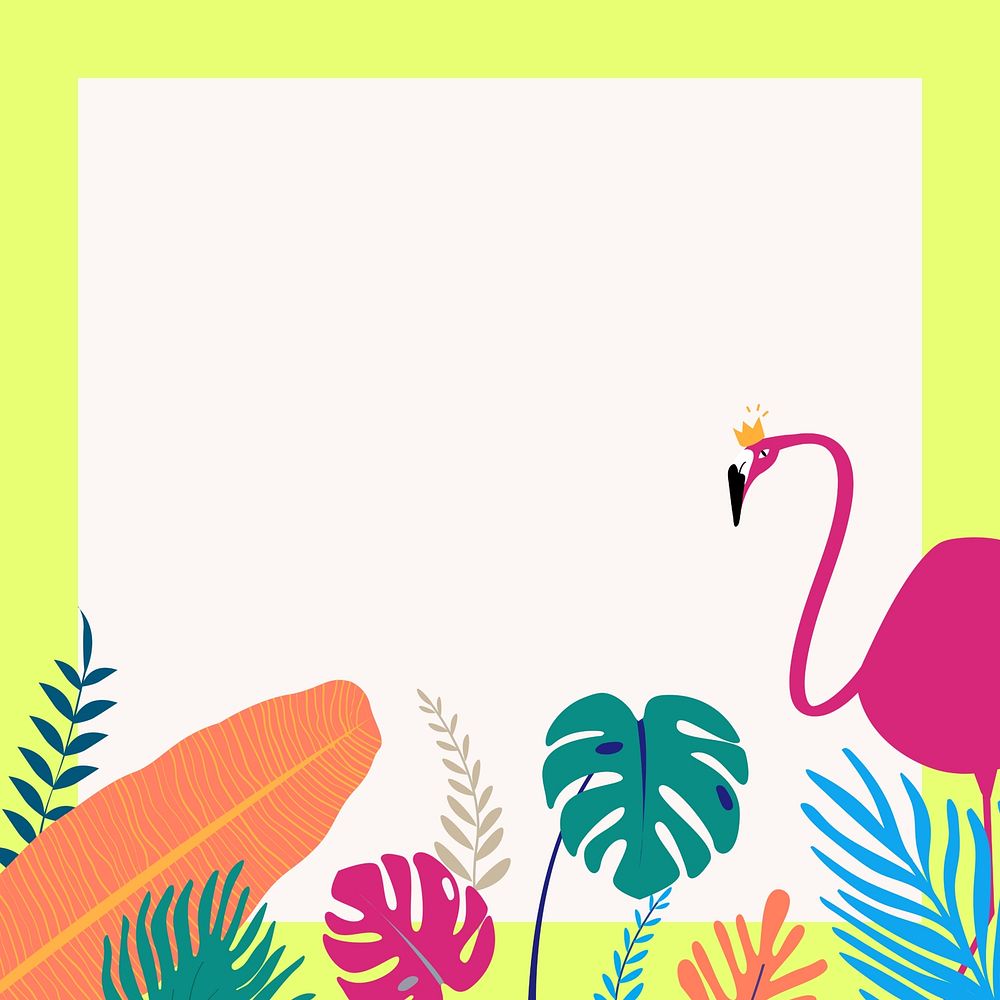Colorful summer tropical flamingo frame, green design