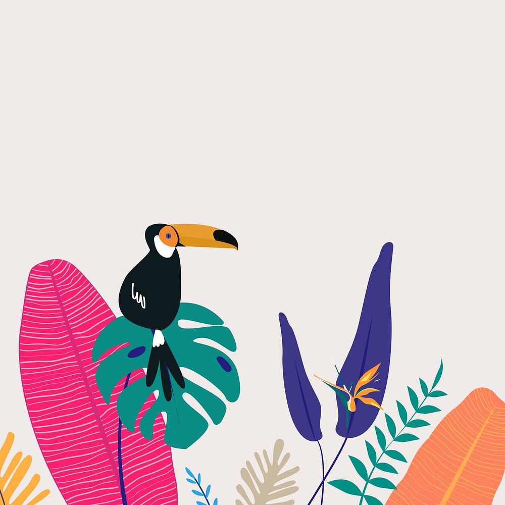 Colorful summer tropical toucan border, beige design