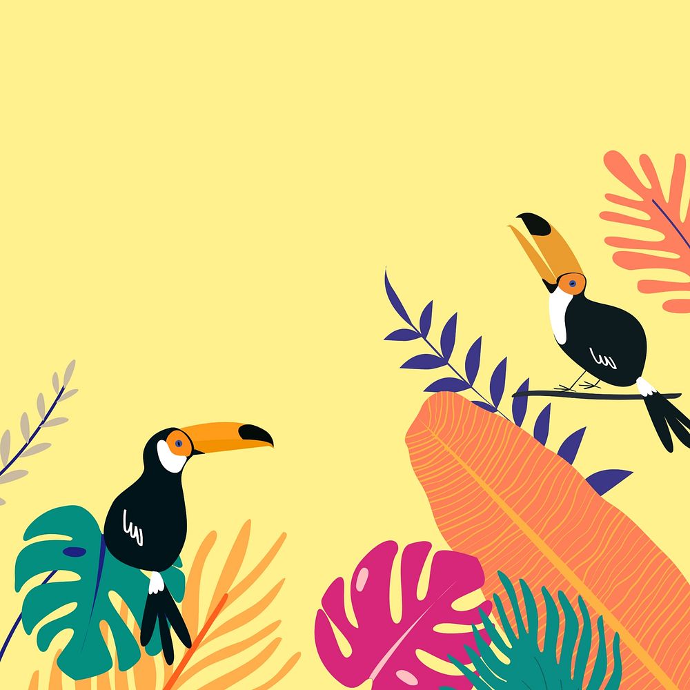 Colorful summer tropical toucan border, yellow design