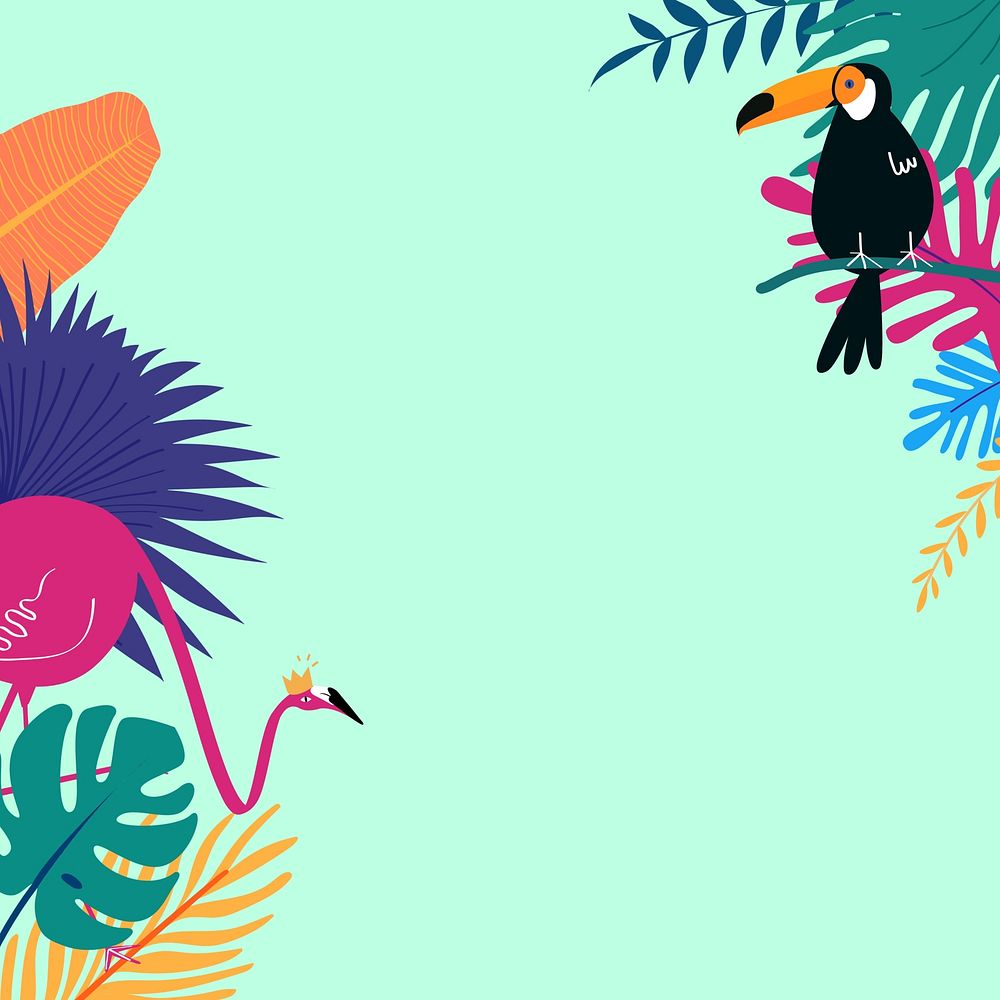 Colorful summer tropical flamingo border, green design