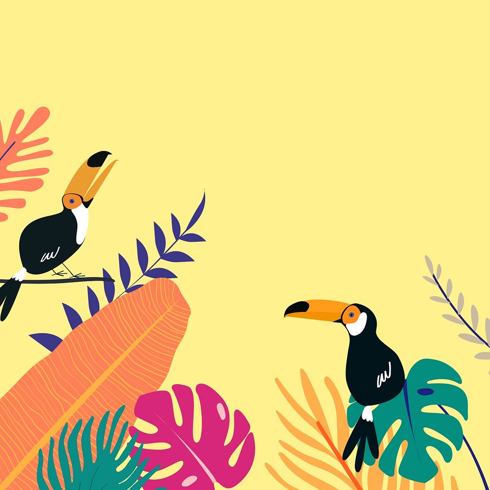 Colorful tropical summer bird border, yellow design