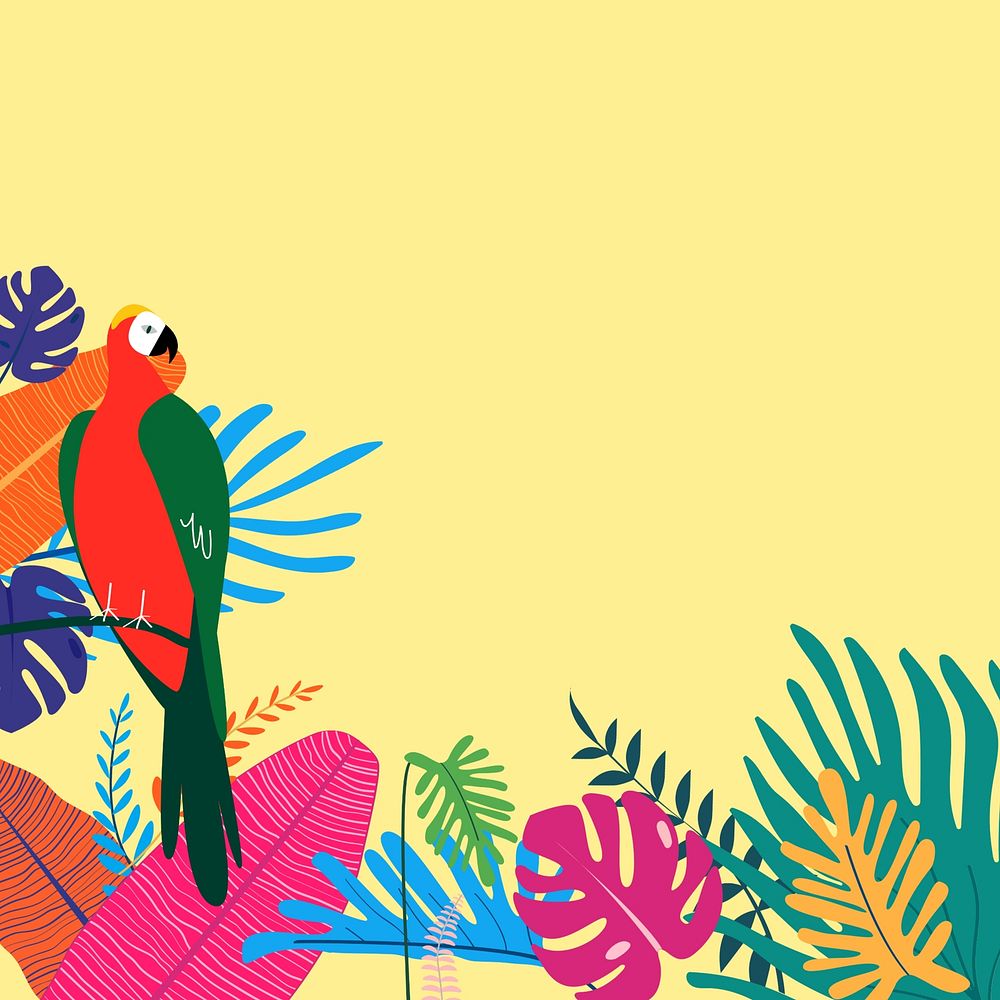 Colorful summer tropical parrot border, yellow design