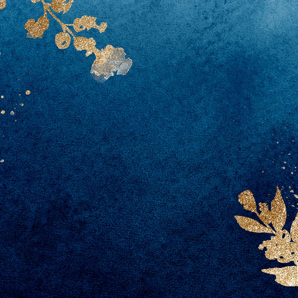 Dark blue watercolor background, gold leaf border