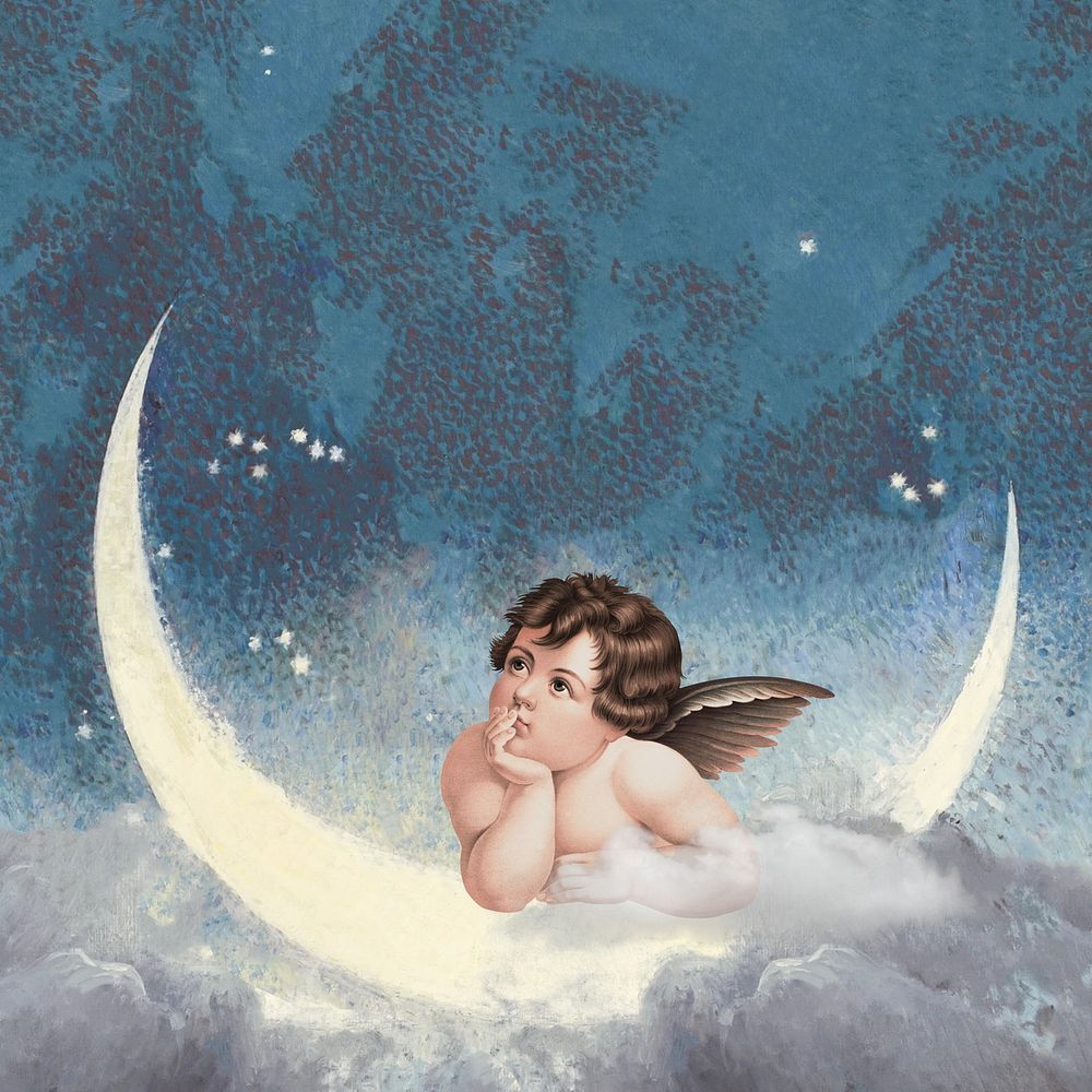 Cupid on the moon, vintage illustration
