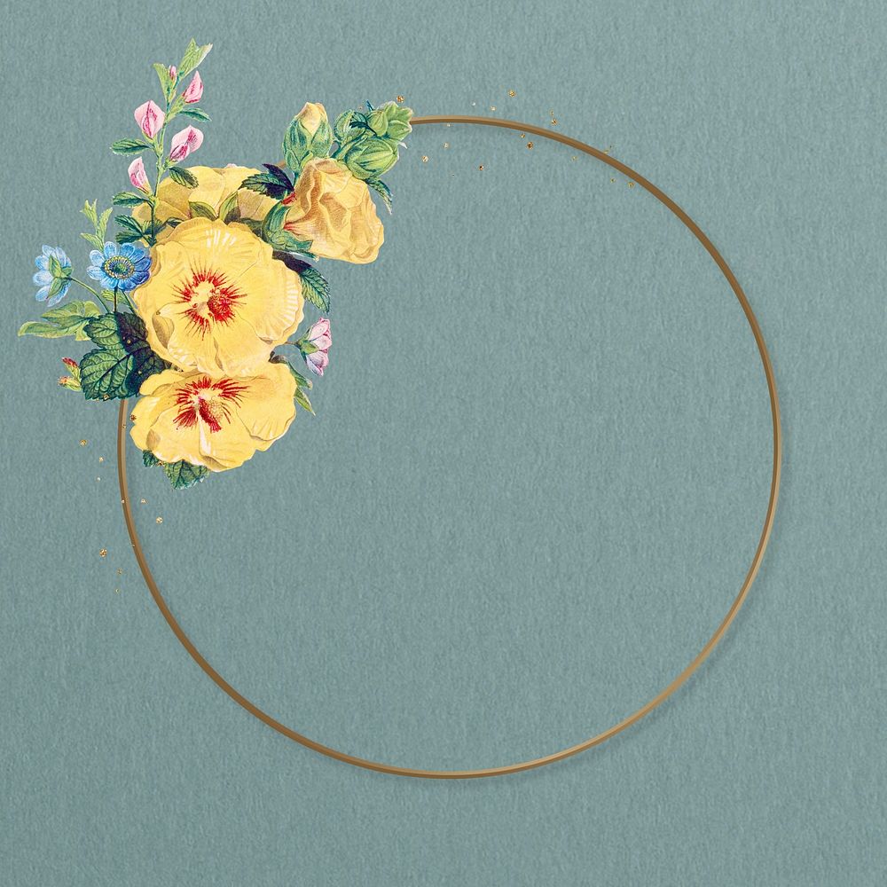 Floral round gold frame, aesthetic collage element