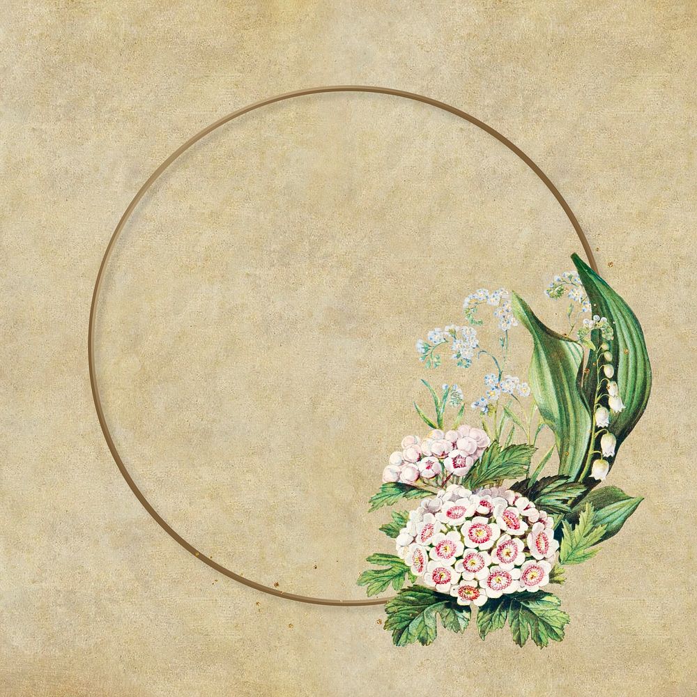 Round gold frame, aesthetic flower collage element