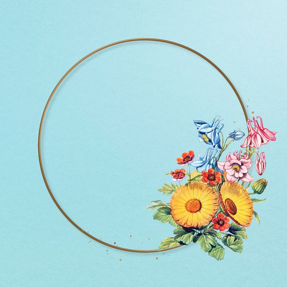 Round gold frame, aesthetic flower collage element