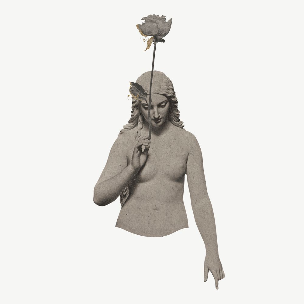 Woman sculpture, holding flower remix psd