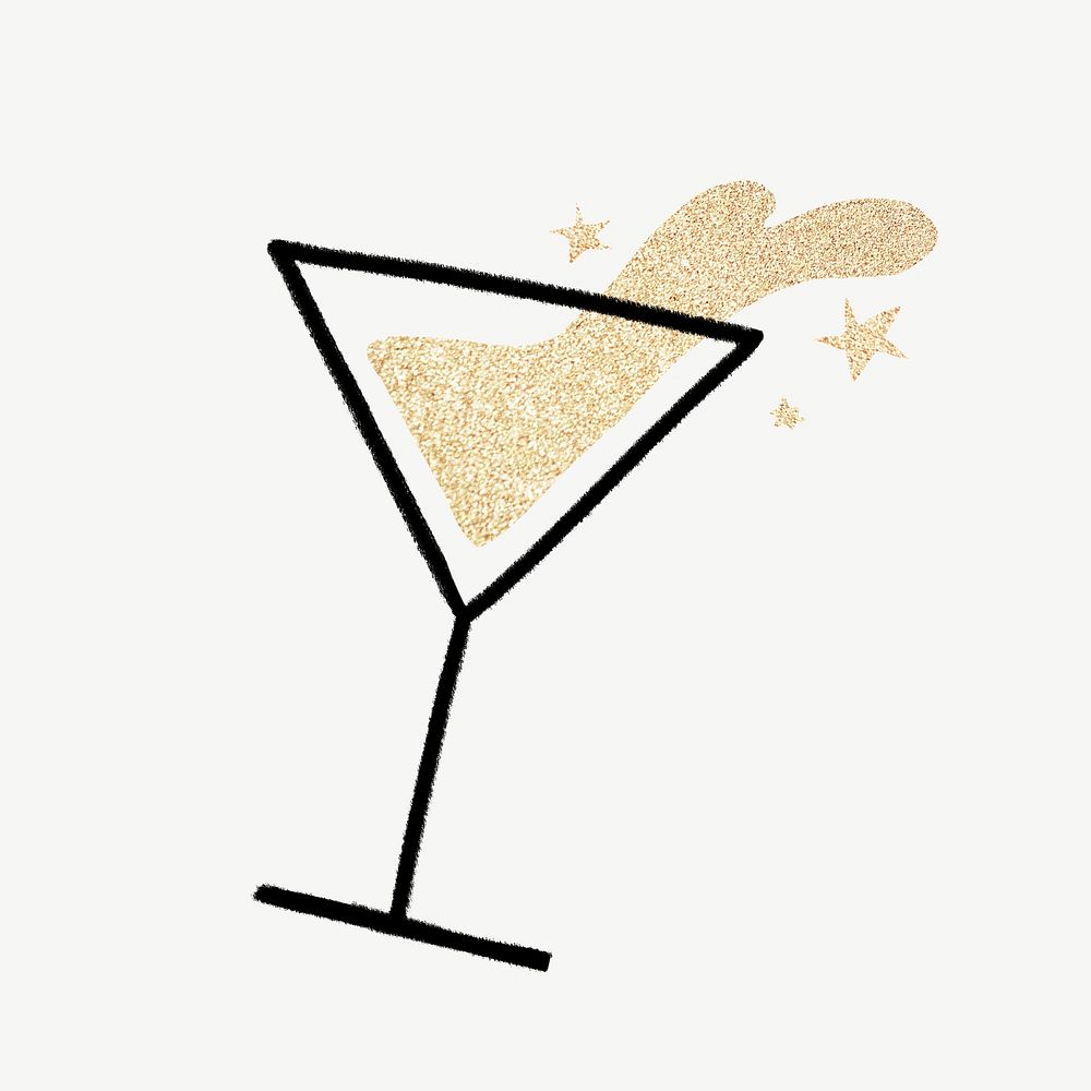 Glitter cocktail doodle collage element psd