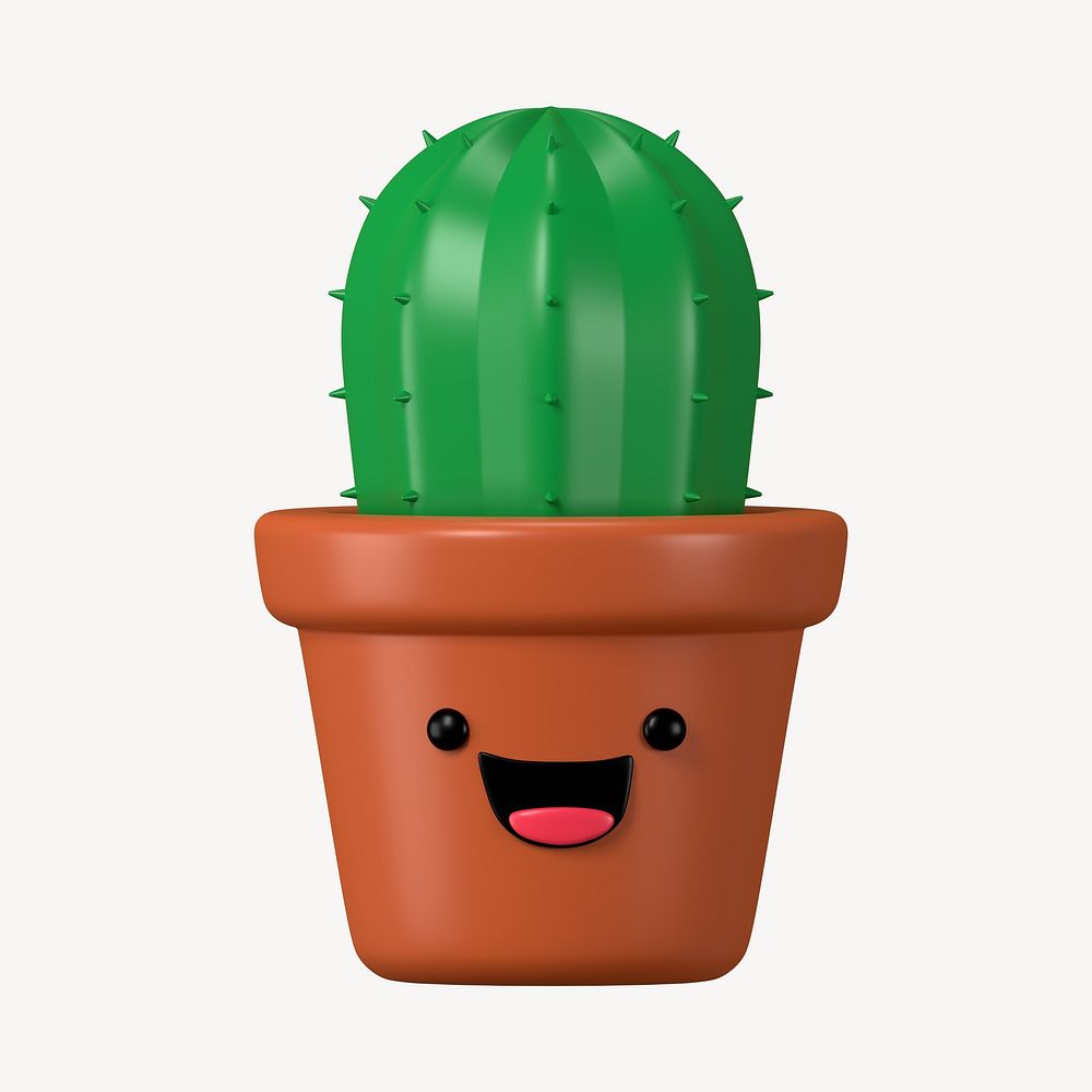 3D happy cactus, emoticon illustration