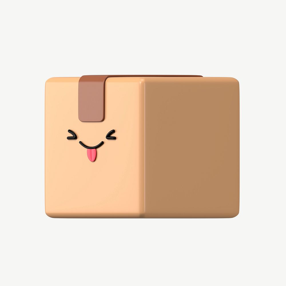 3D playful face parcel box, emoticon illustration psd