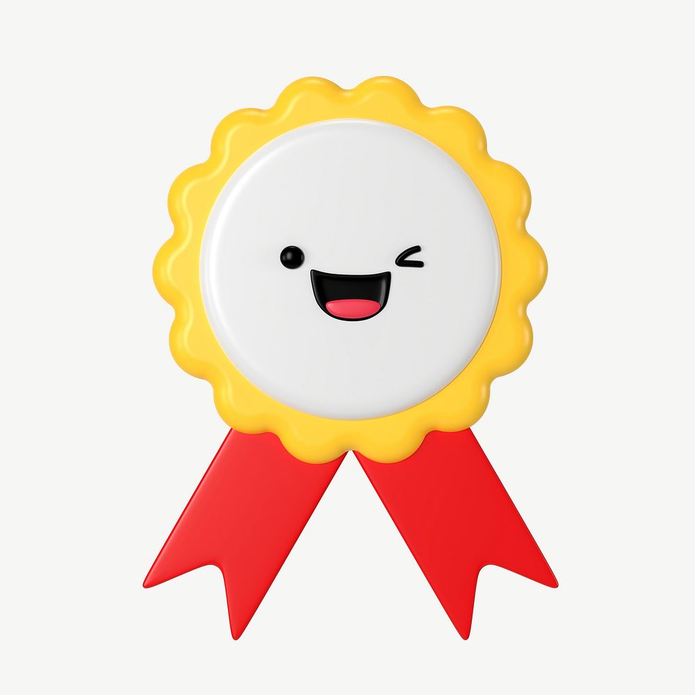 3D happy ribbon badge, cute character psd