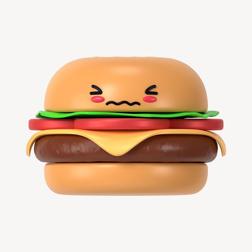 3D blushing face cheeseburger, emoticon illustration