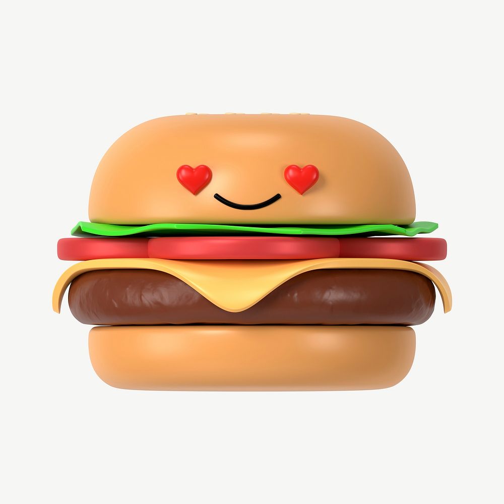 3D heart eyes cheeseburger, emoticon illustration psd