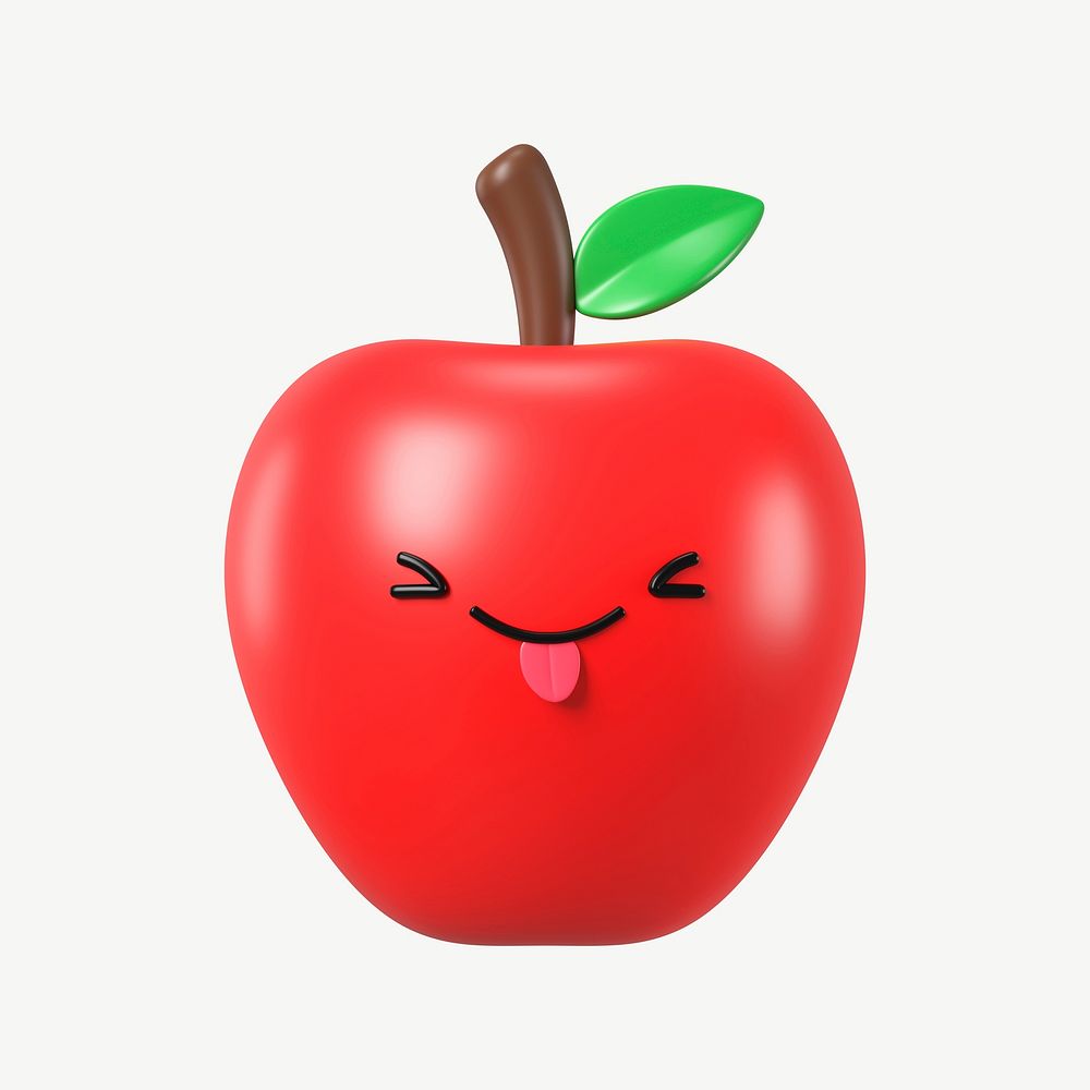 3D playful face apple, emoticon illustration psd