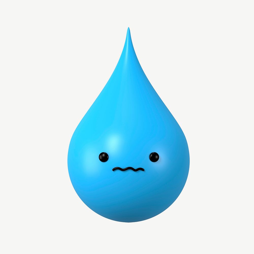 3D scared blue water drop, emoticon illustration psd