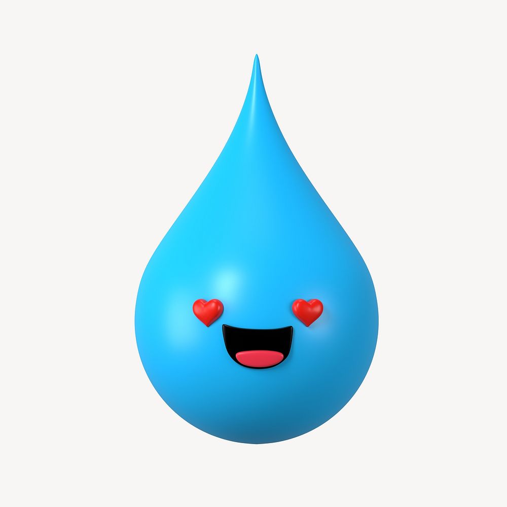 3D heart eyes blue water drop, emoticon illustration