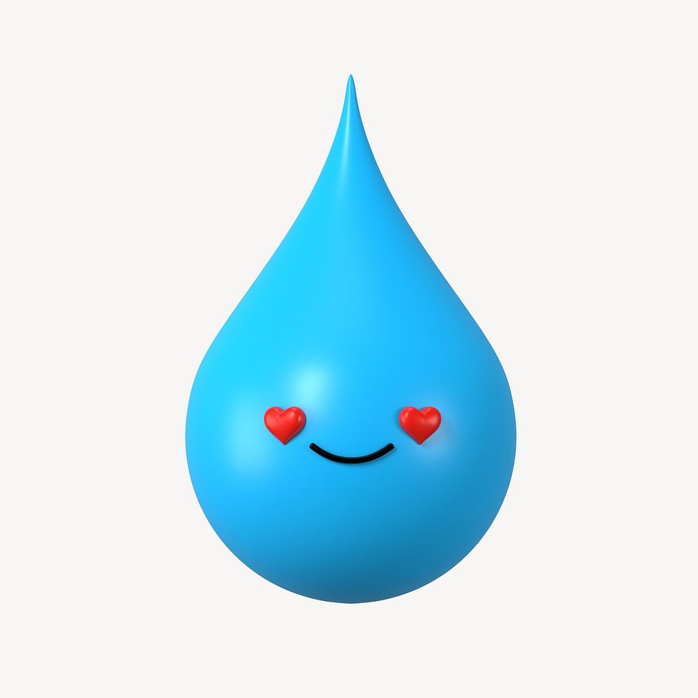3D heart eyes blue water drop, emoticon illustration
