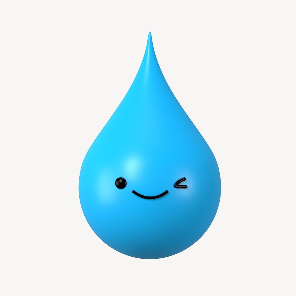 3D happy blue water drop, emoticon illustration
