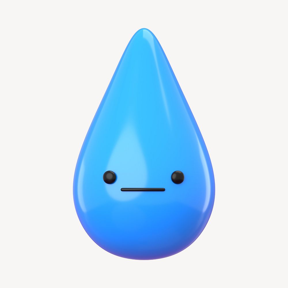 3D neutral face blue water drop, emoticon illustration