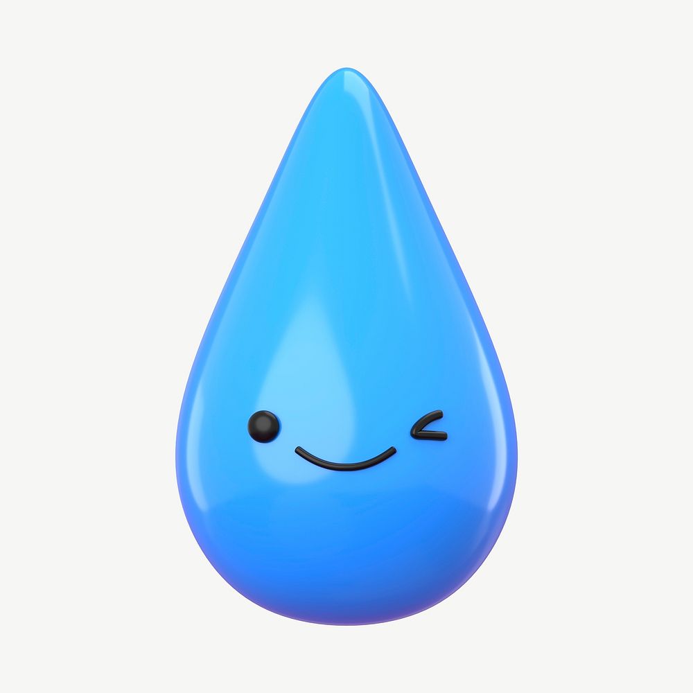 3D happy blue water drop, emoticon illustration psd