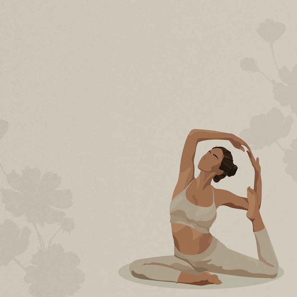 Yoga woman background, greige botanical border