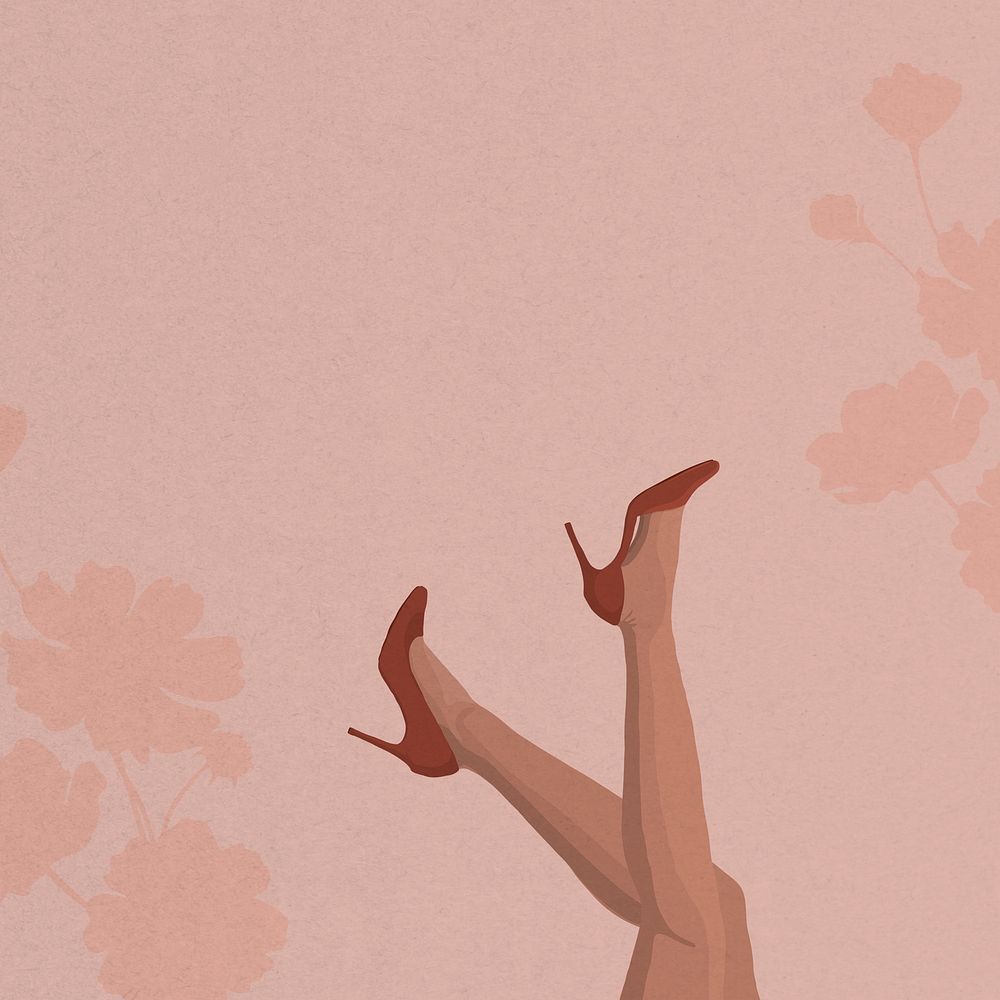 High heel legs background, pink botanical border